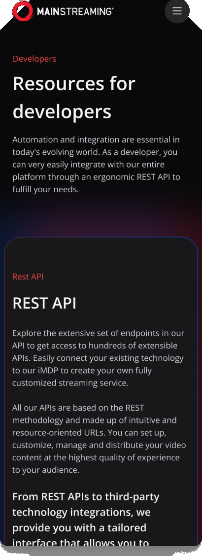 MainStreaming REST API resources page on mobile