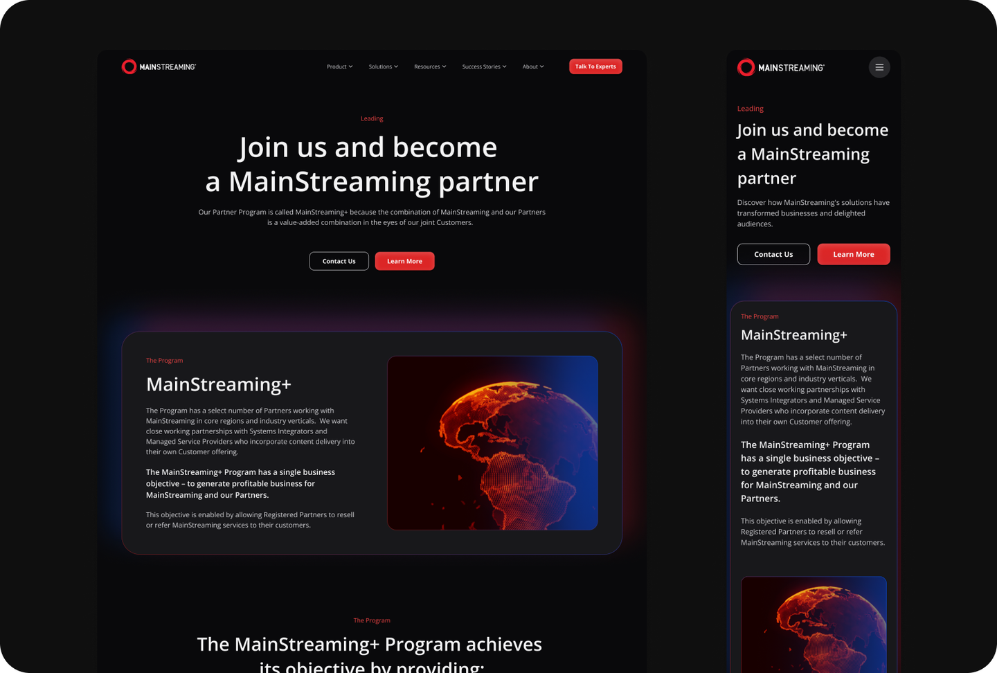 MainStreaming partner program page on desktop and mobile