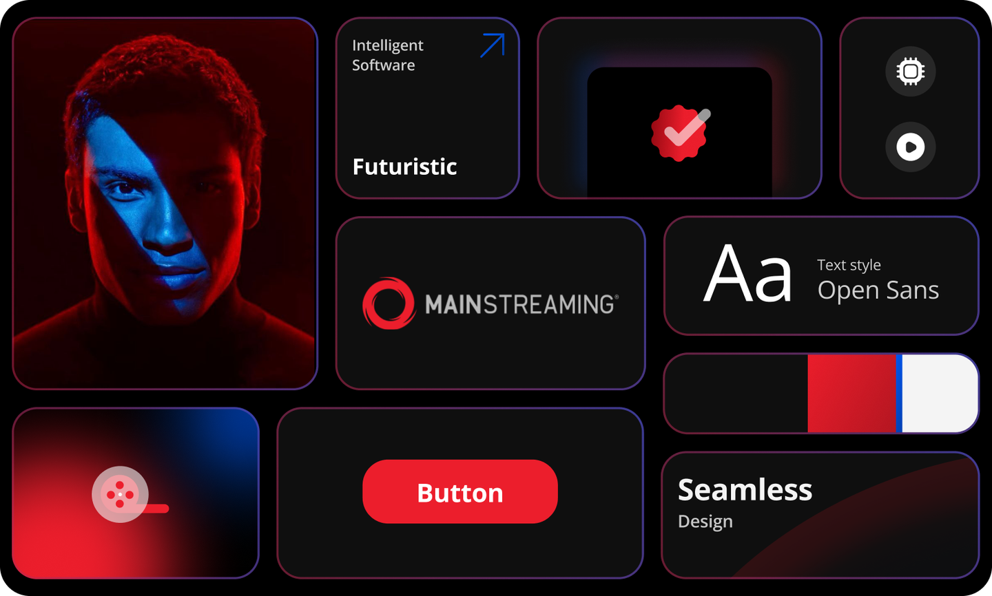 MainStreaming brand style tiles with logo, colors, typography and UI elements