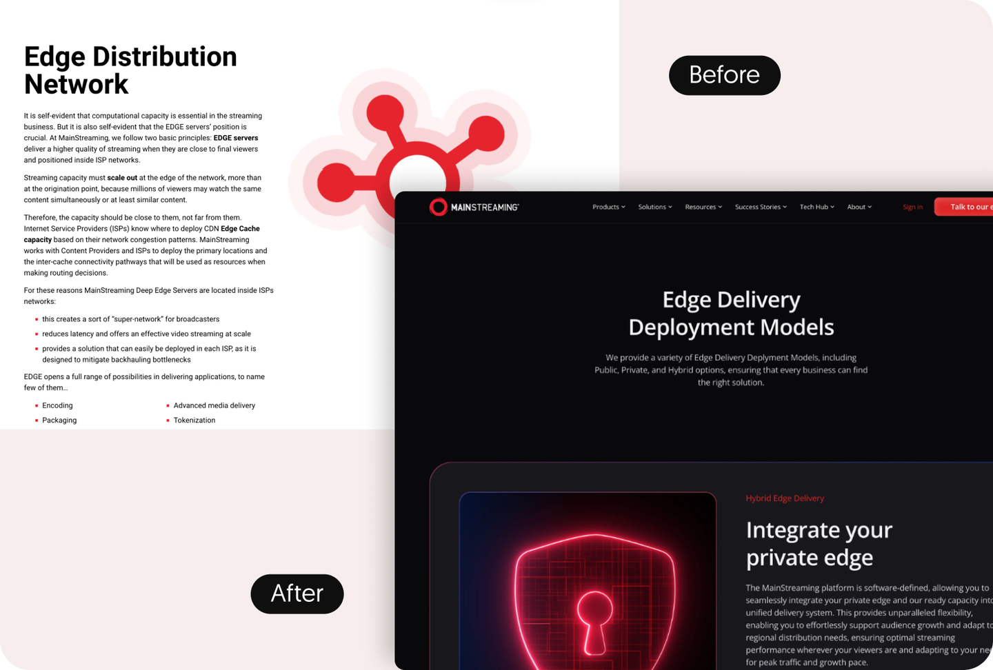 MainStreaming edge delivery page before and after the redesign