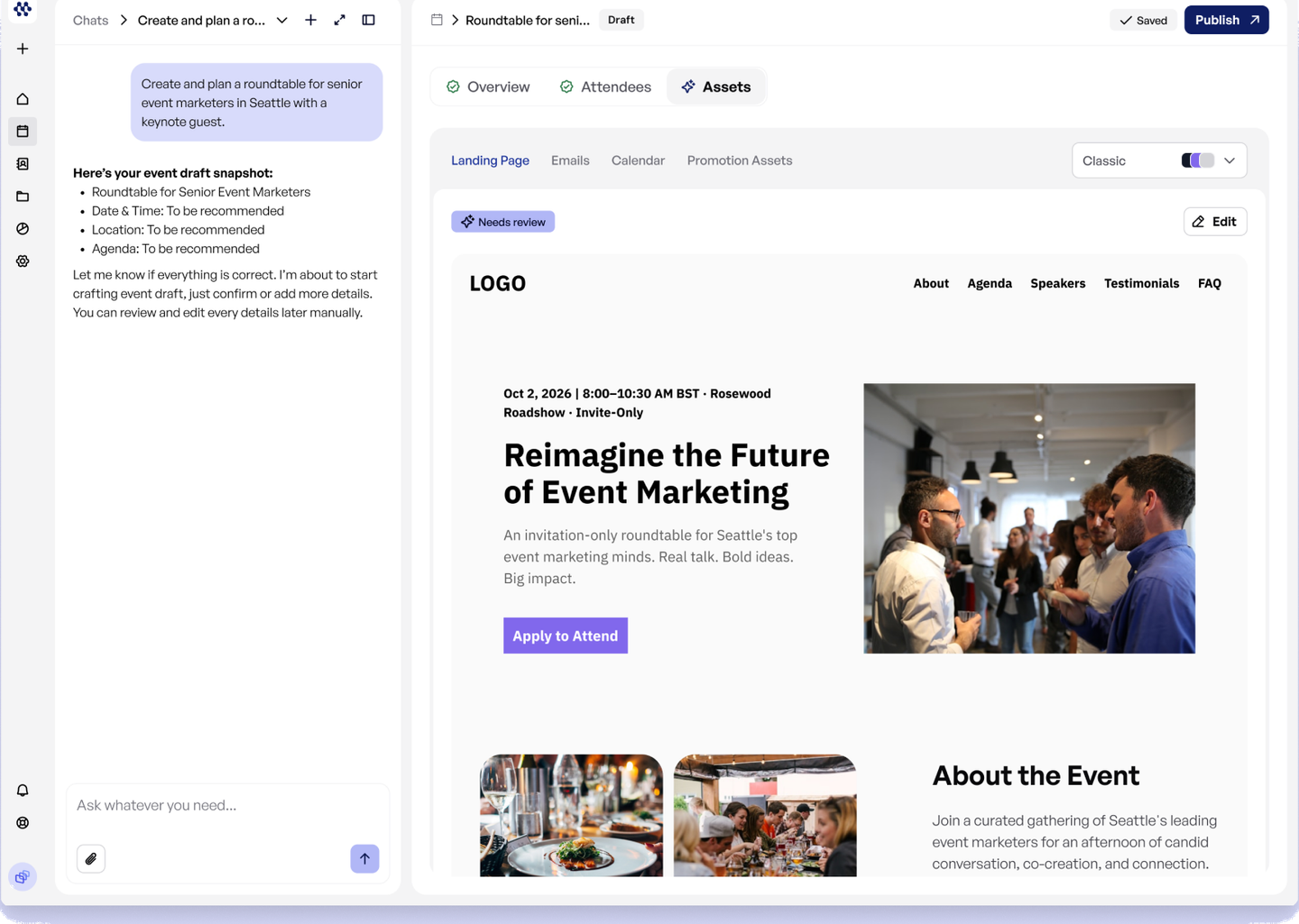Mavexa event draft with AI chat and generated landing page
