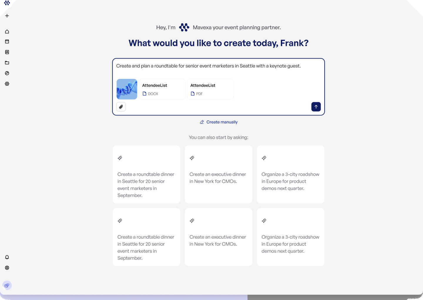 Mavexa home prompt asking what to create today
