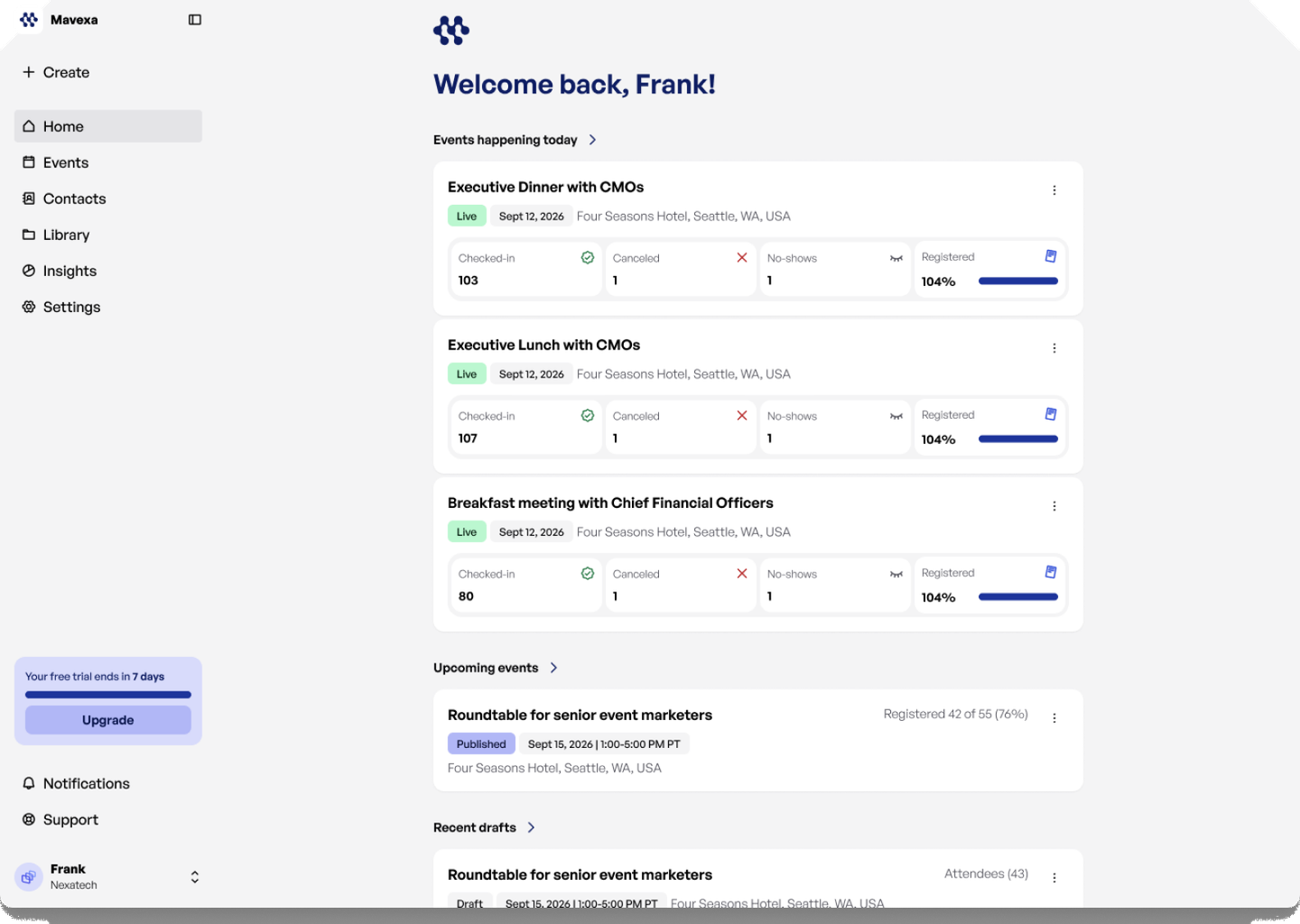 Mavexa home dashboard with live events and attendance stats
