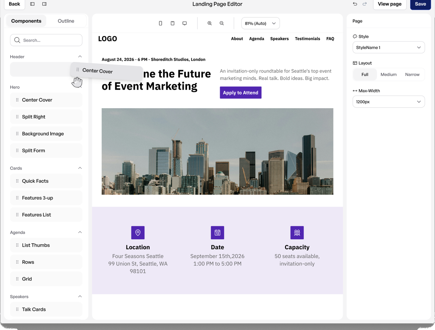Mavexa landing page editor with drag-and-drop components