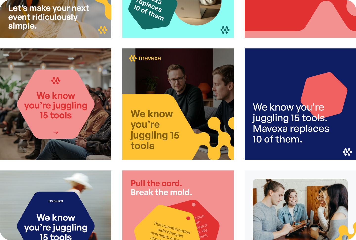 Mavexa brand campaign graphics with bold shapes and photography