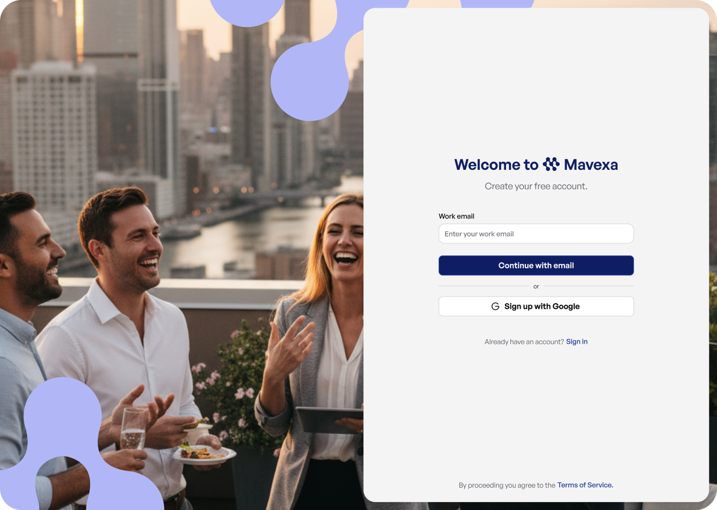 Mavexa sign-up screen with event photography
