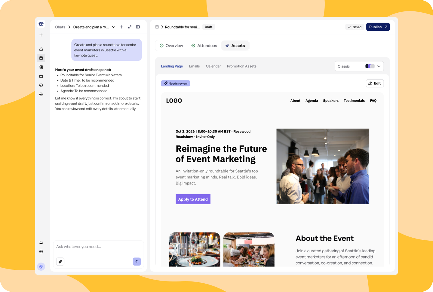 Mavexa event draft with chat and generated landing page