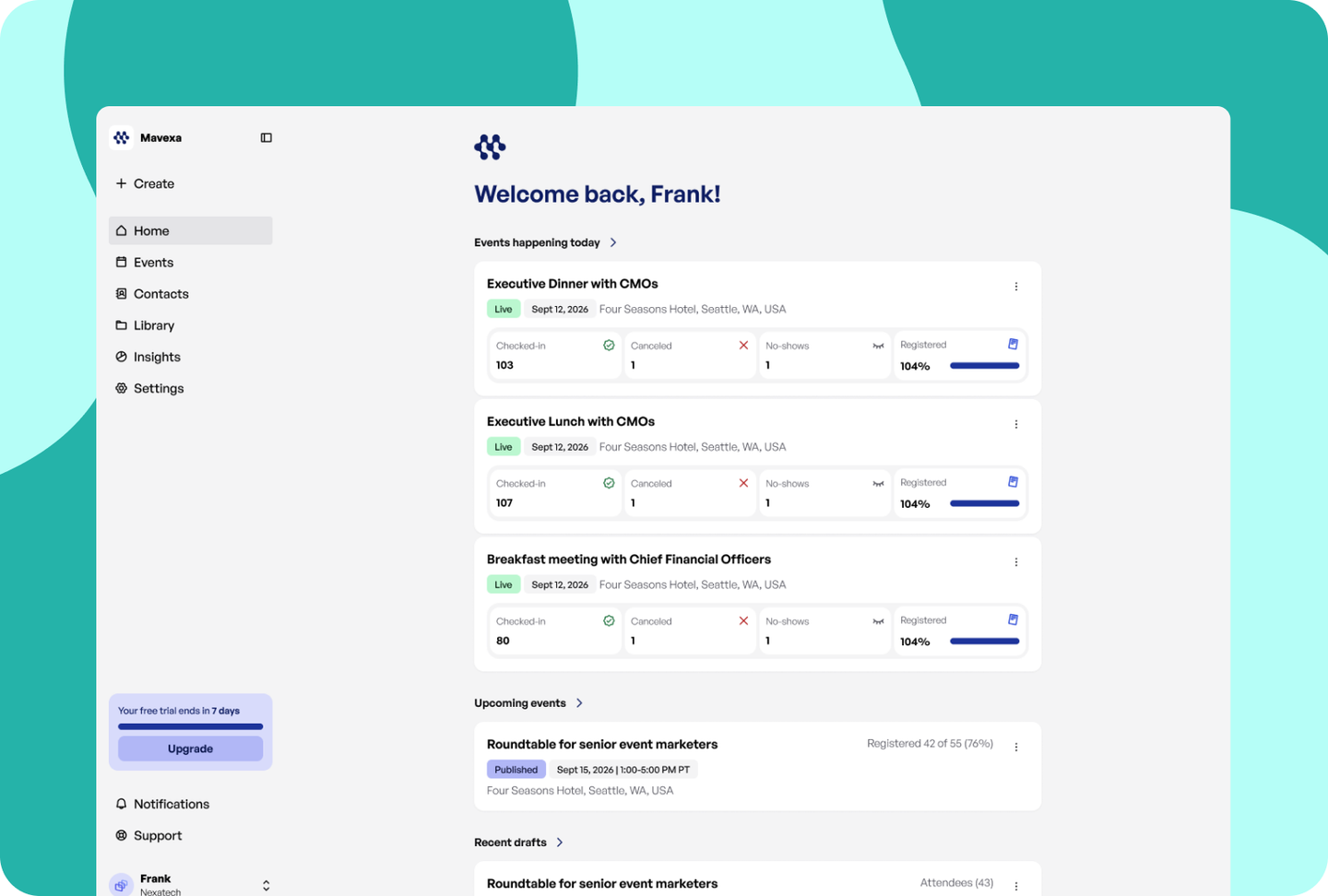 Mavexa home dashboard with live and upcoming events