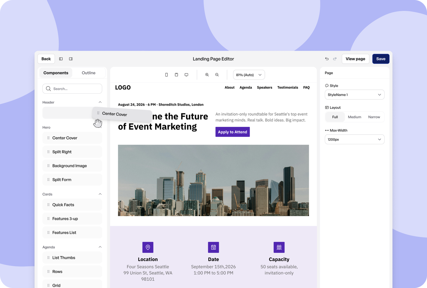 Mavexa landing page editor with component library and page settings