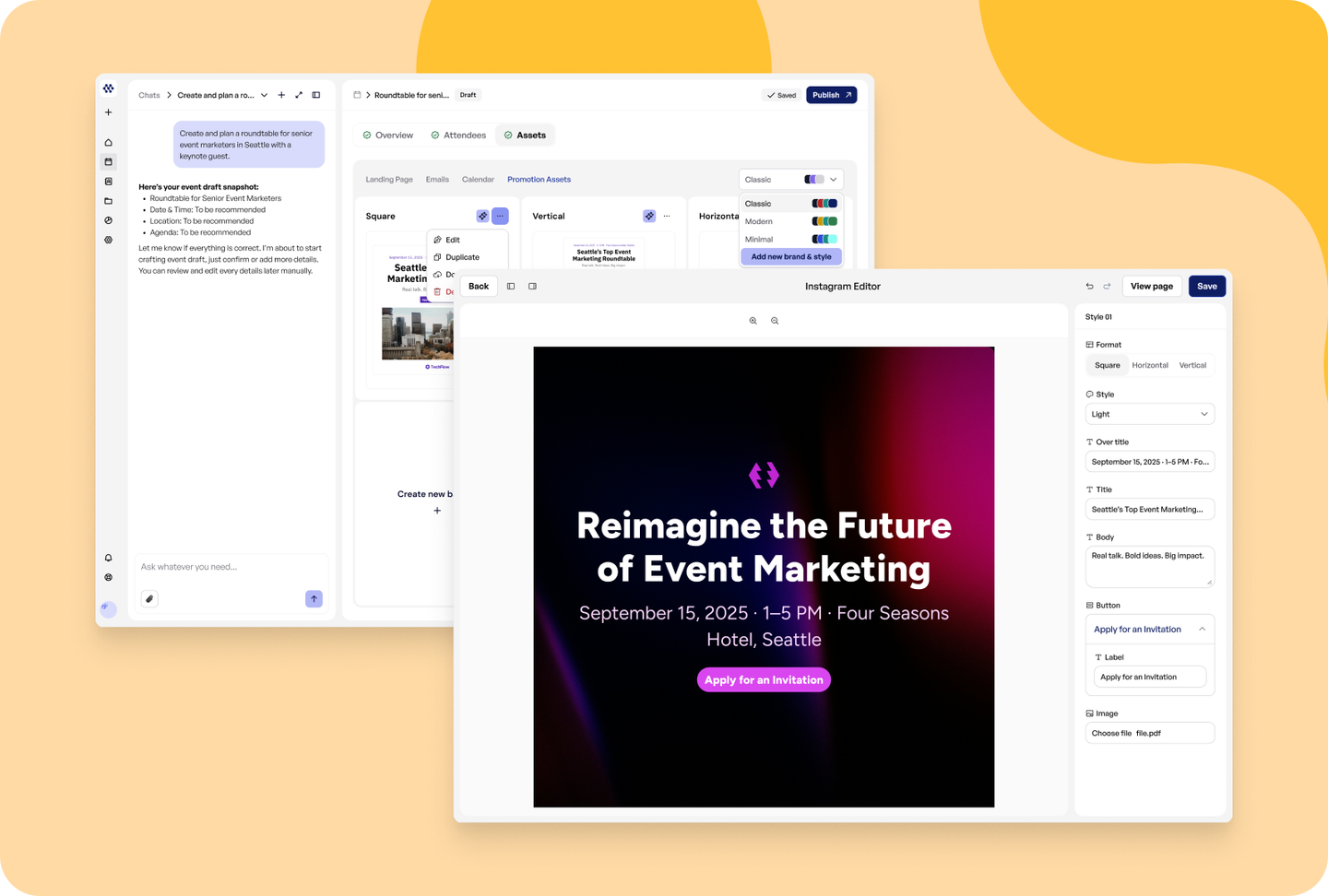 Mavexa promotion assets with style options and Instagram editor
