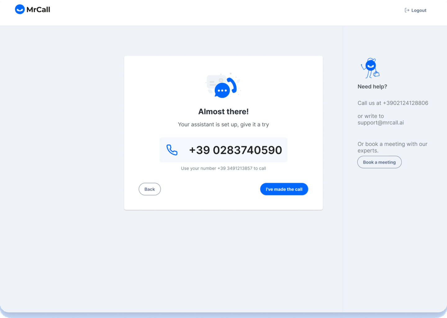 MrCall onboarding step inviting the user to test the assistant with a call