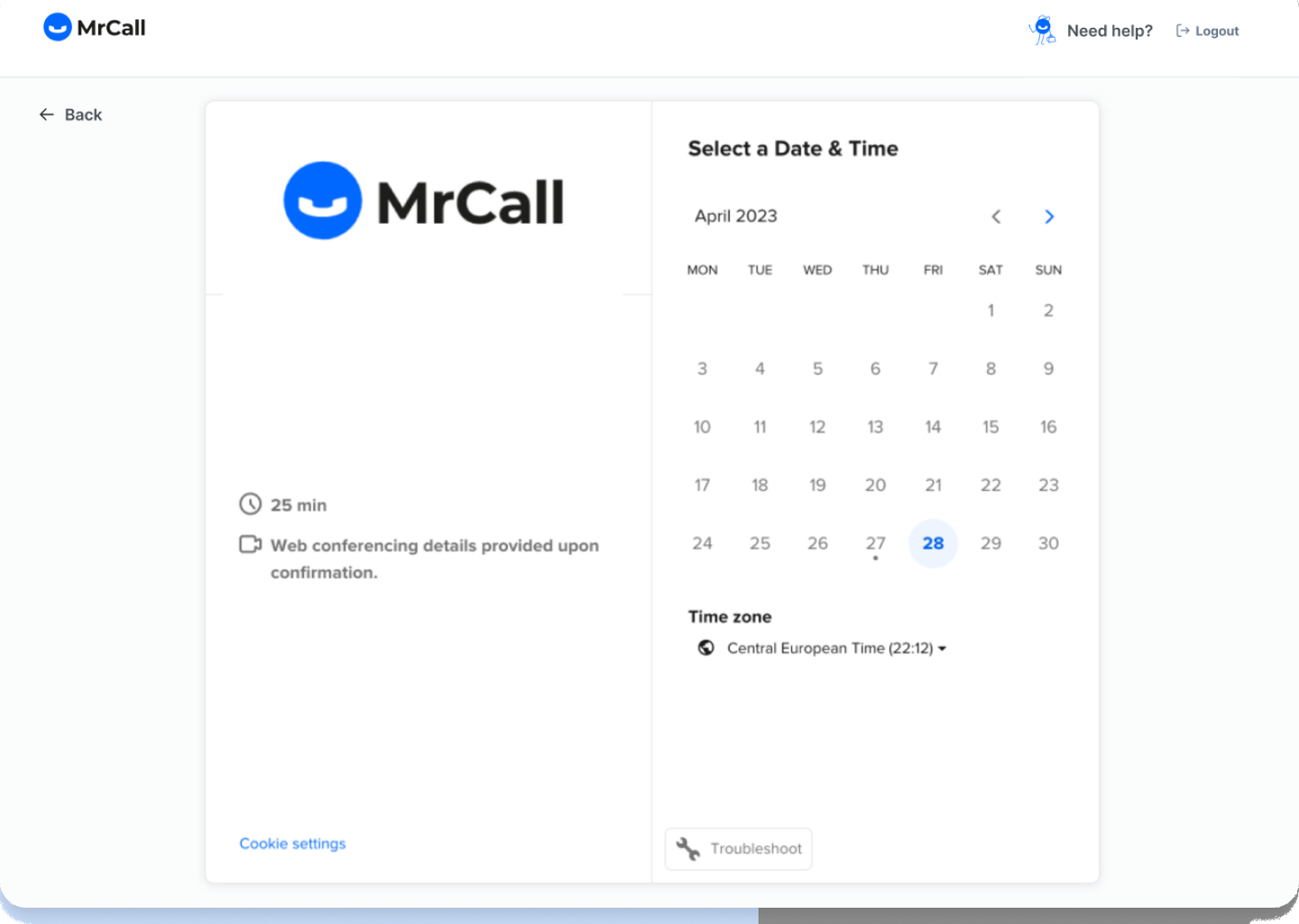 MrCall booking screen to schedule a setup call with an expert