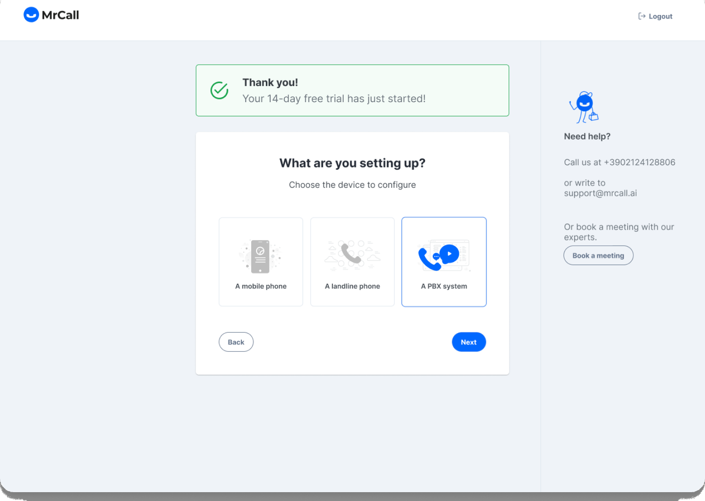 MrCall device selection step: mobile phone, landline or PBX system
