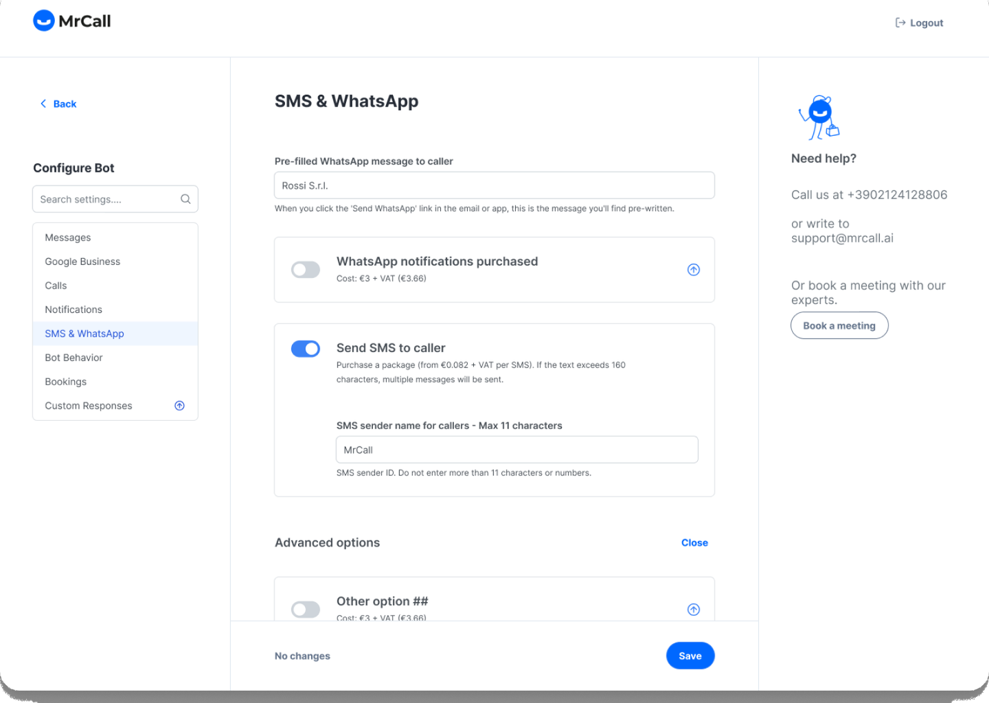 MrCall bot configuration page for SMS and WhatsApp notifications