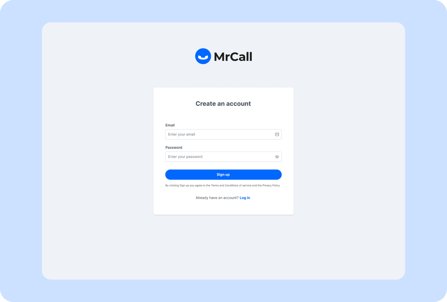 MrCall sign-up screen to create an account