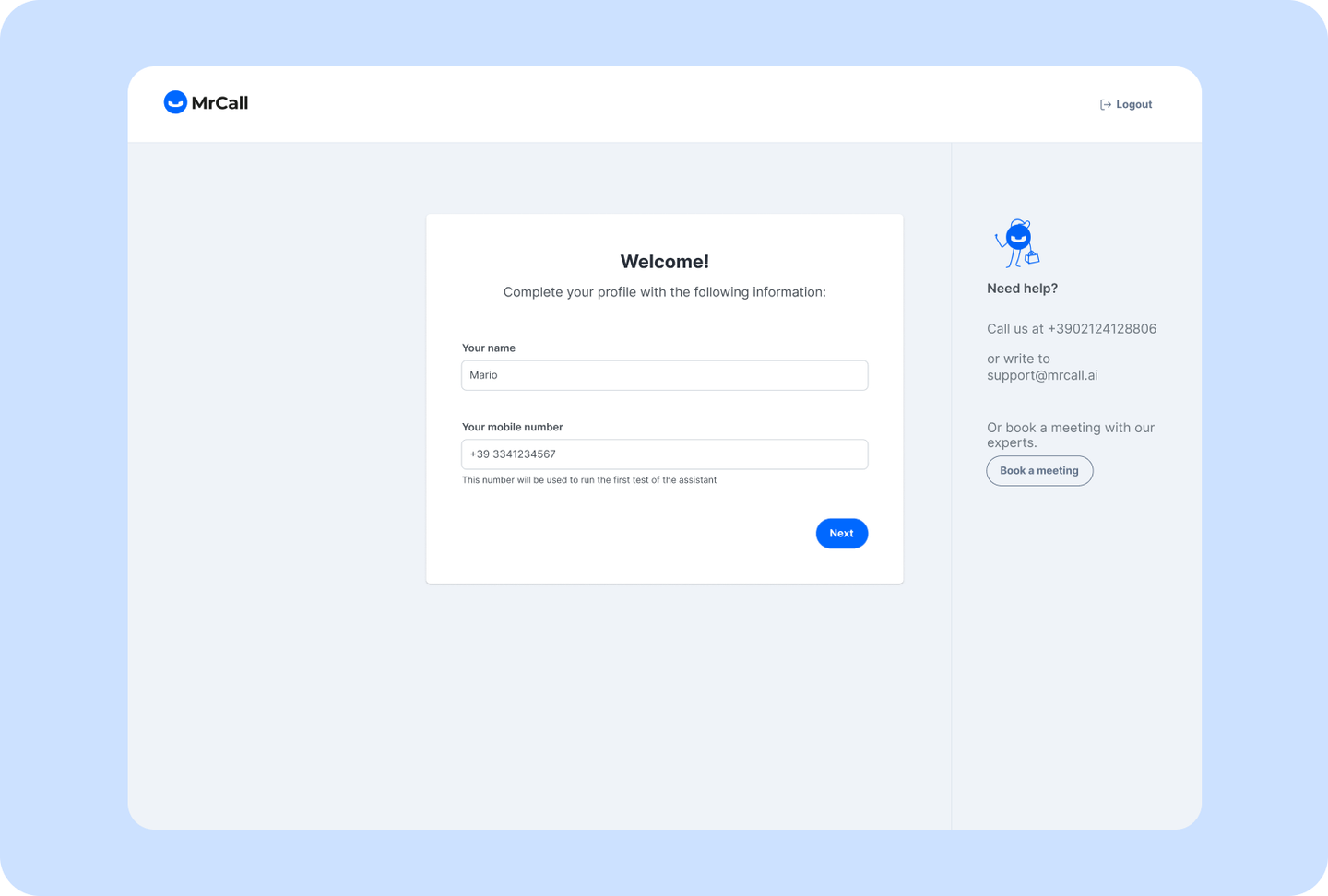 MrCall welcome step asking for name and mobile number
