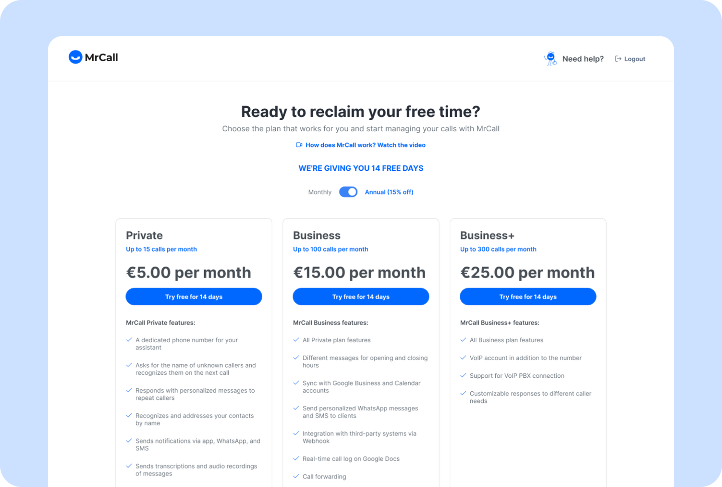 MrCall plan selection page with Private, Business and Business+ plans