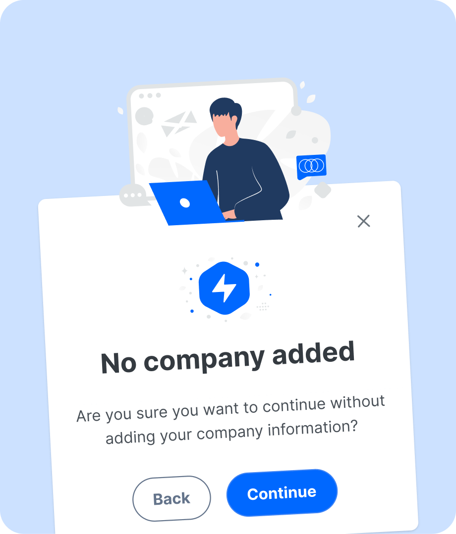 MrCall confirmation modal for continuing without company information