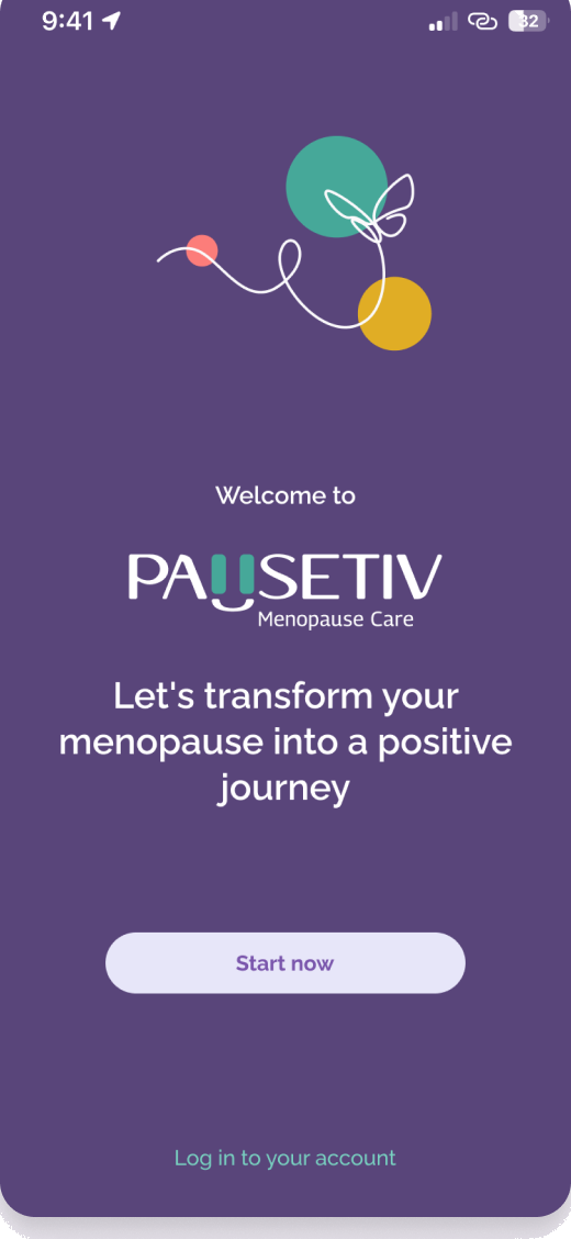 Pausetiv welcome screen with logo and start button