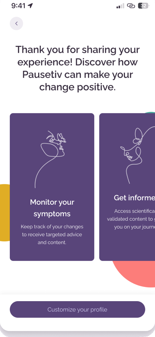 Pausetiv feature cards for symptom monitoring and content