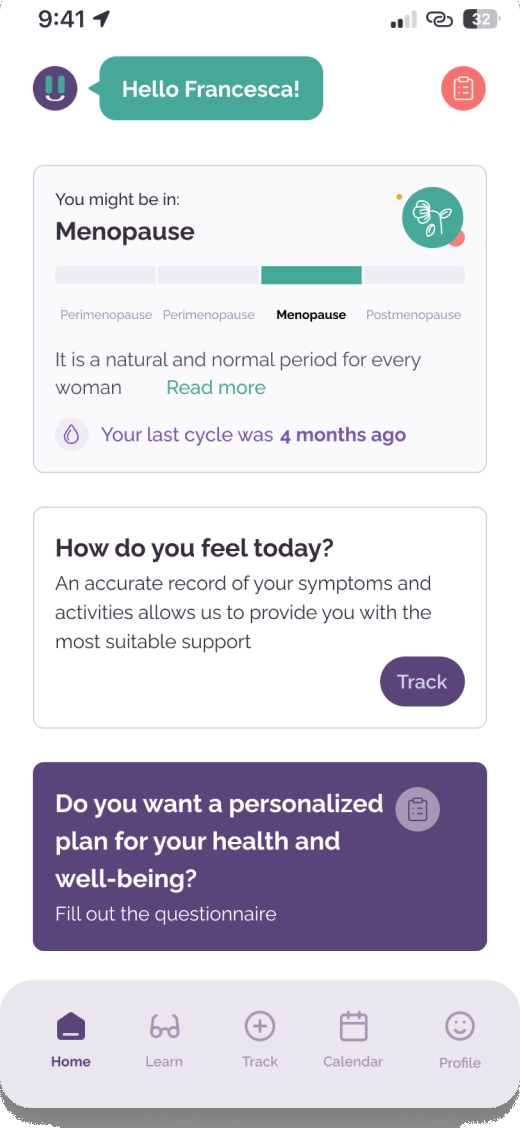 Pausetiv home with menopause stage and daily check-in