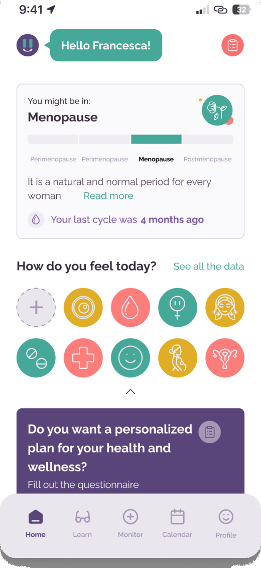 Pausetiv home with symptom tracking shortcuts