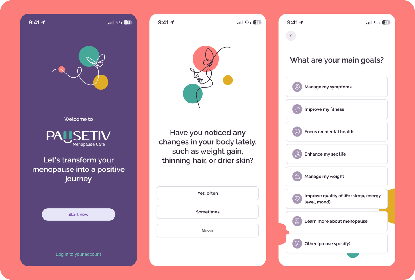 Pausetiv onboarding flow with welcome, questions and goals