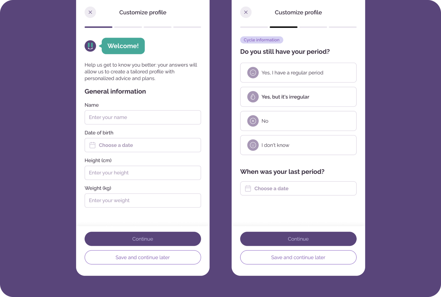 Pausetiv profile setup with general and cycle information