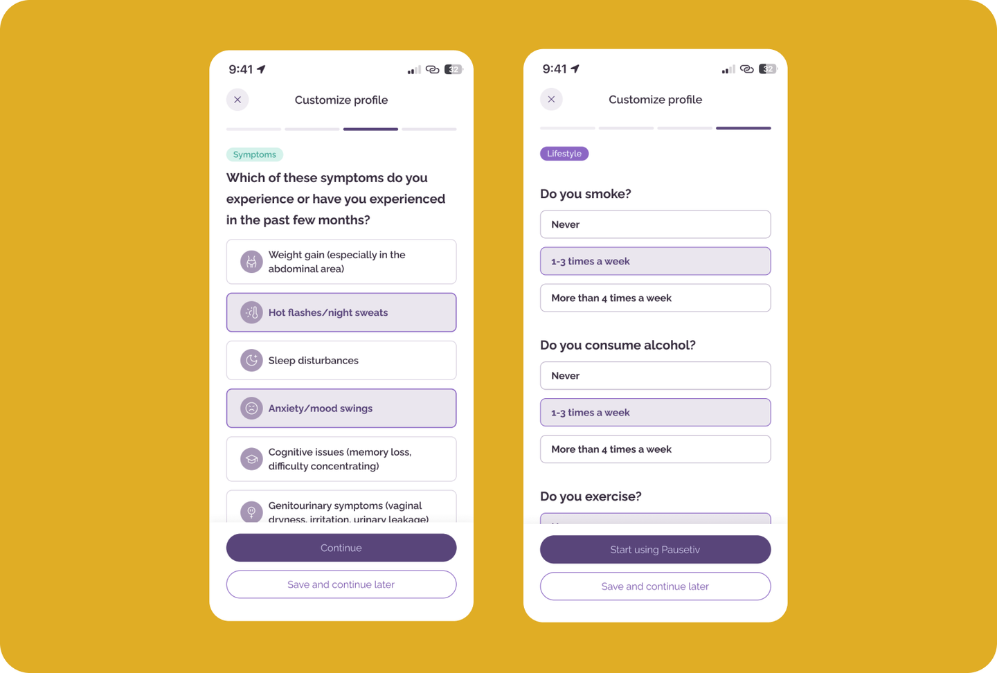 Pausetiv profile questions on symptoms and lifestyle