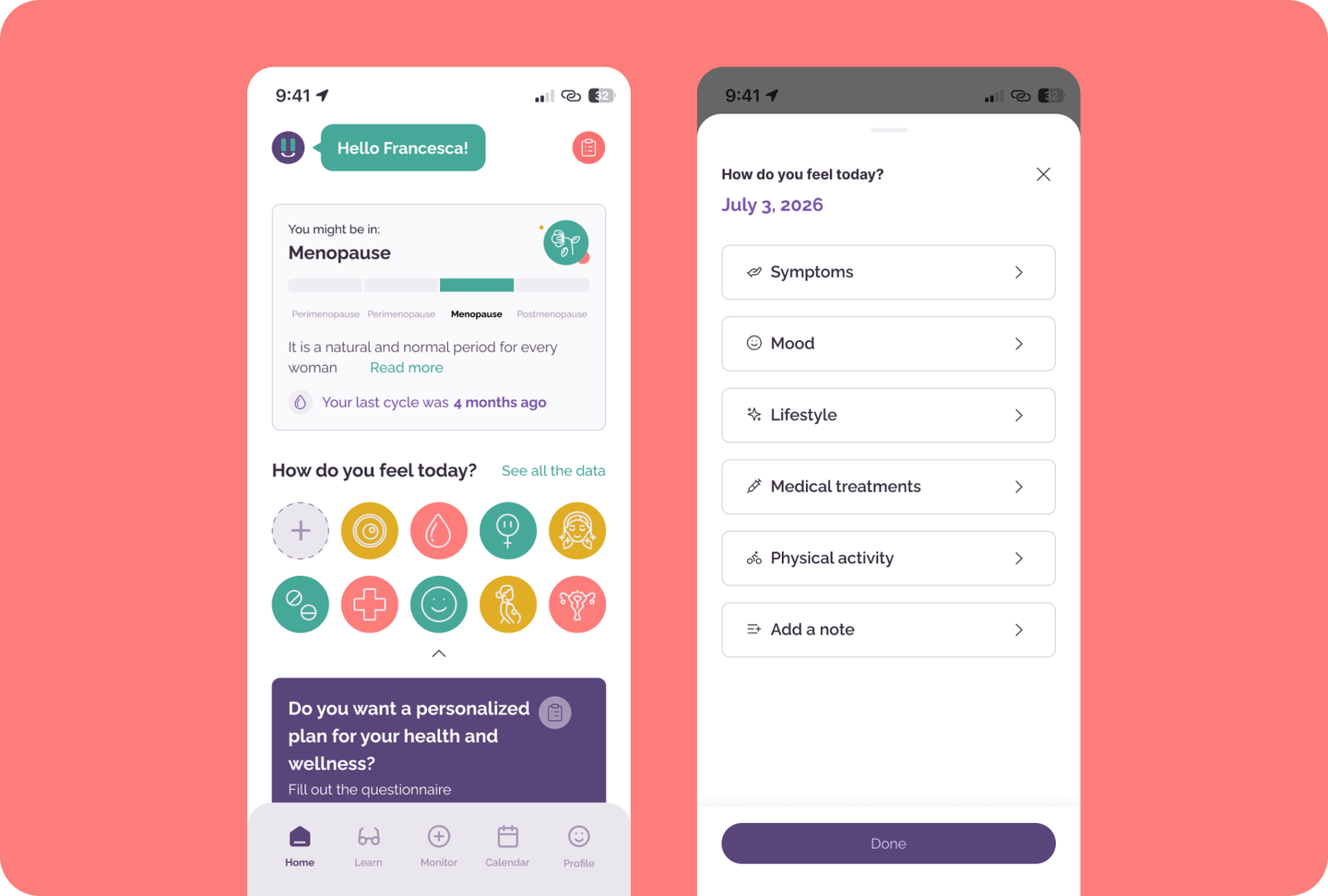 Pausetiv home screen and daily check-in sheet
