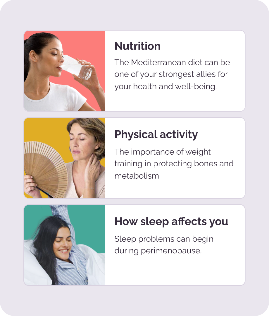 Pausetiv educational content cards on nutrition, activity and sleep