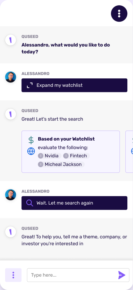 QuSeed mobile chat with watchlist suggestions