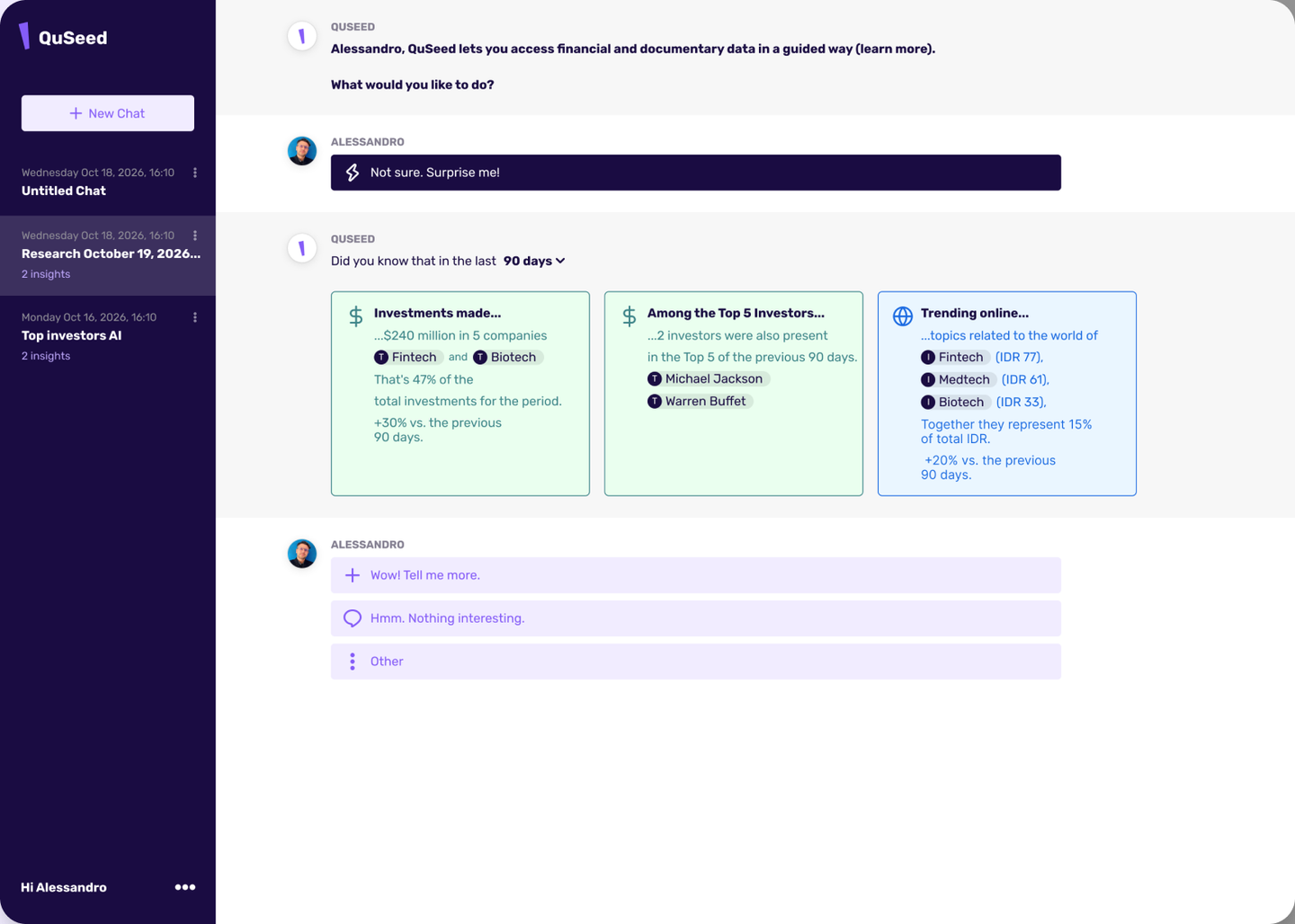 QuSeed desktop chat with AI-generated investment insights