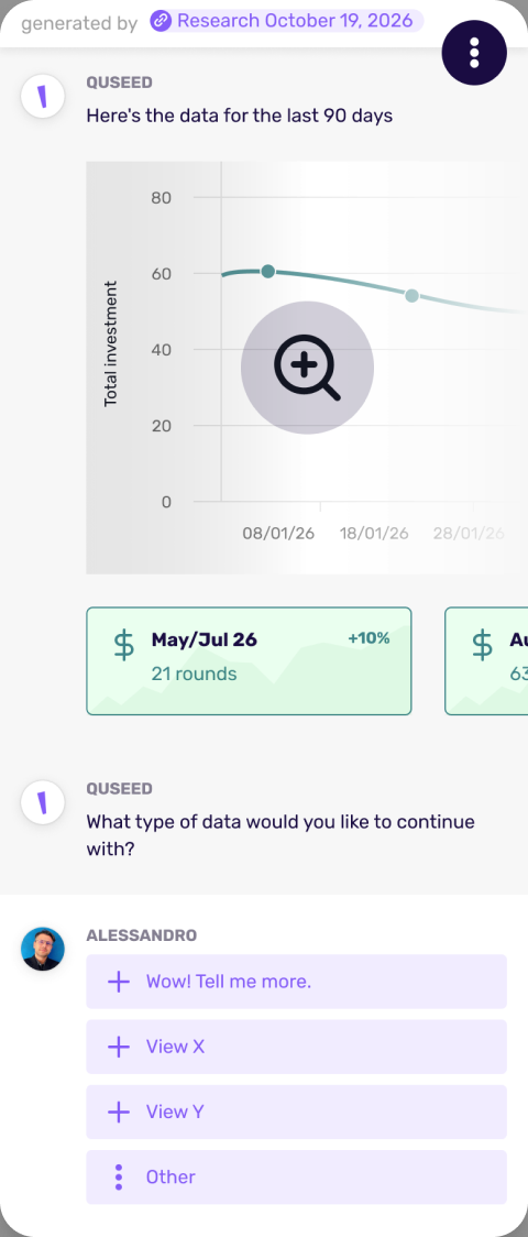 QuSeed mobile view of recent investment data
