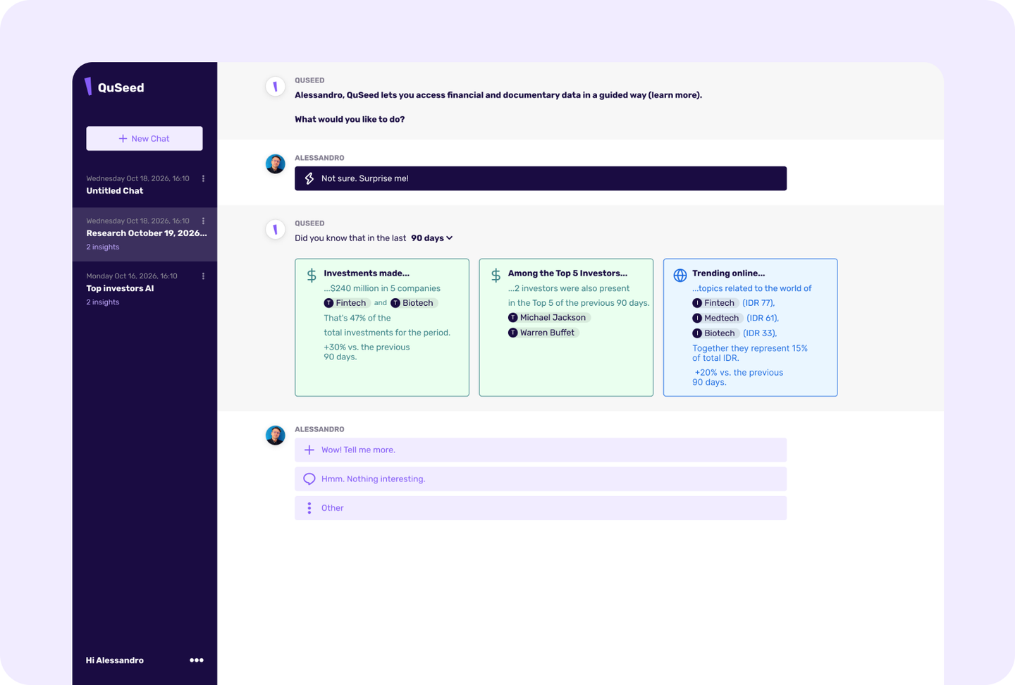 QuSeed chat with AI-generated investment insight cards