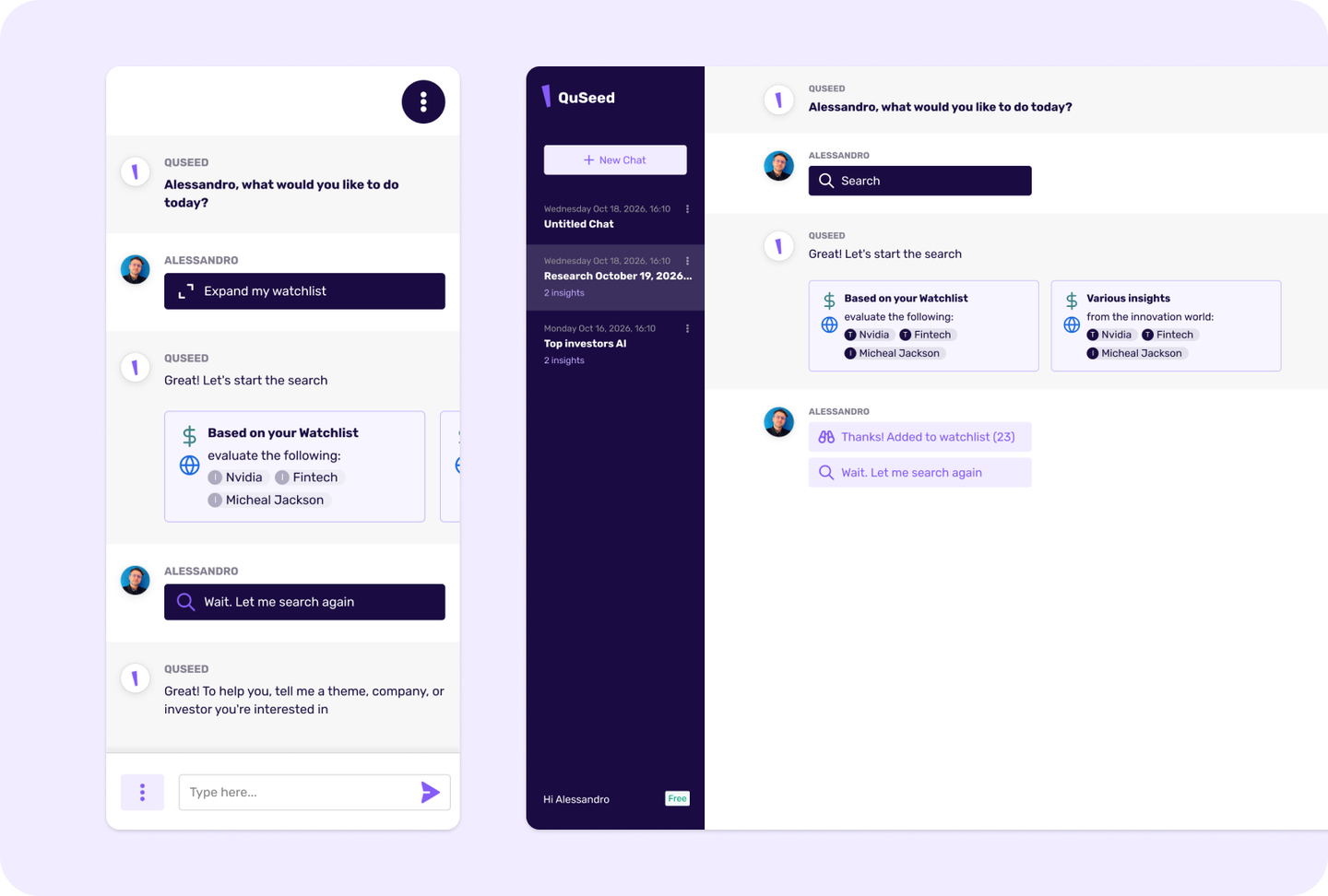 QuSeed chat flow on mobile and desktop