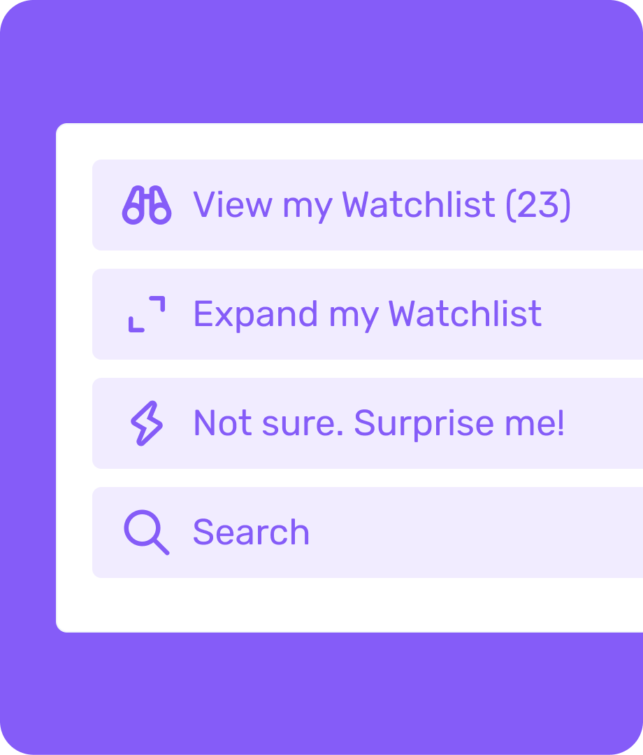 QuSeed quick action buttons for watchlist and search