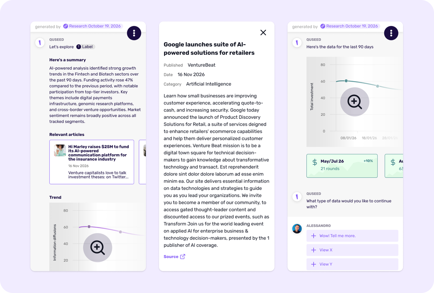 QuSeed mobile research summary, article detail and data views