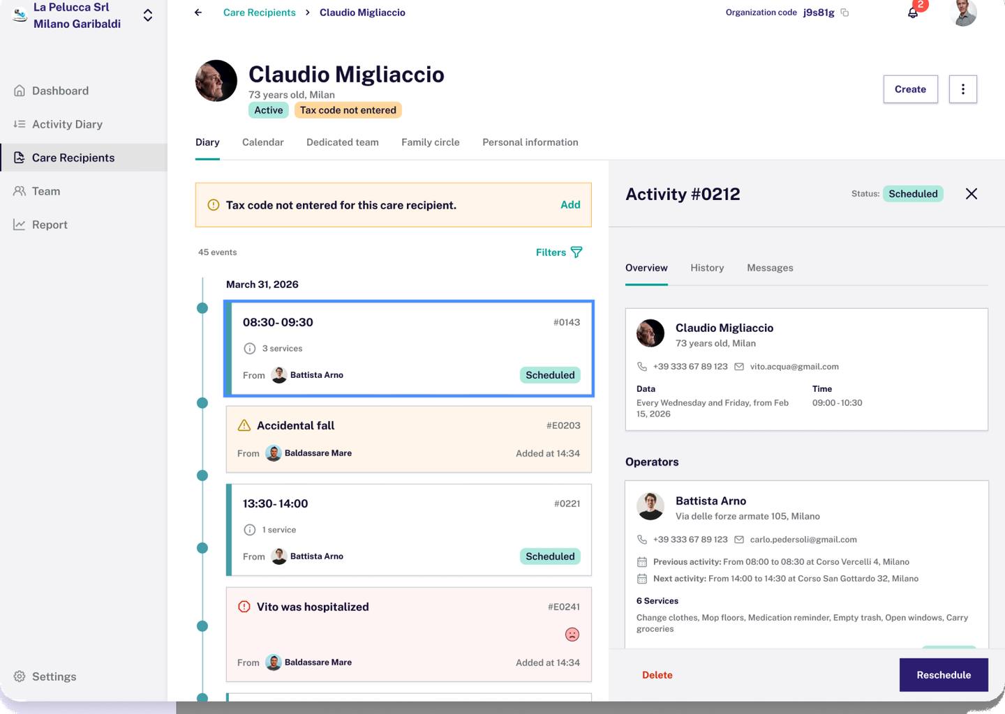 Sencare care recipient diary with activity details panel