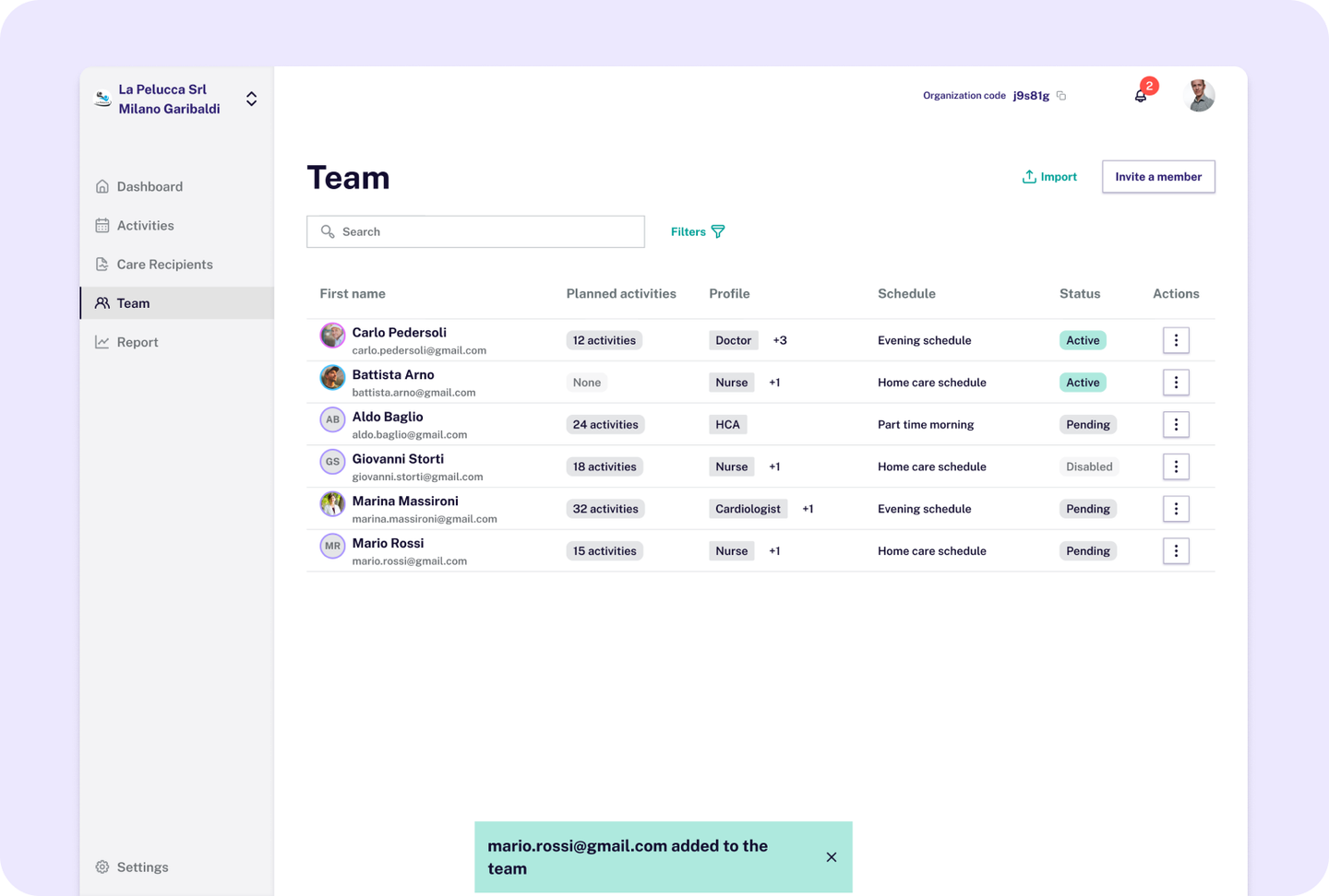 Sencare team management table with roles, schedules and status