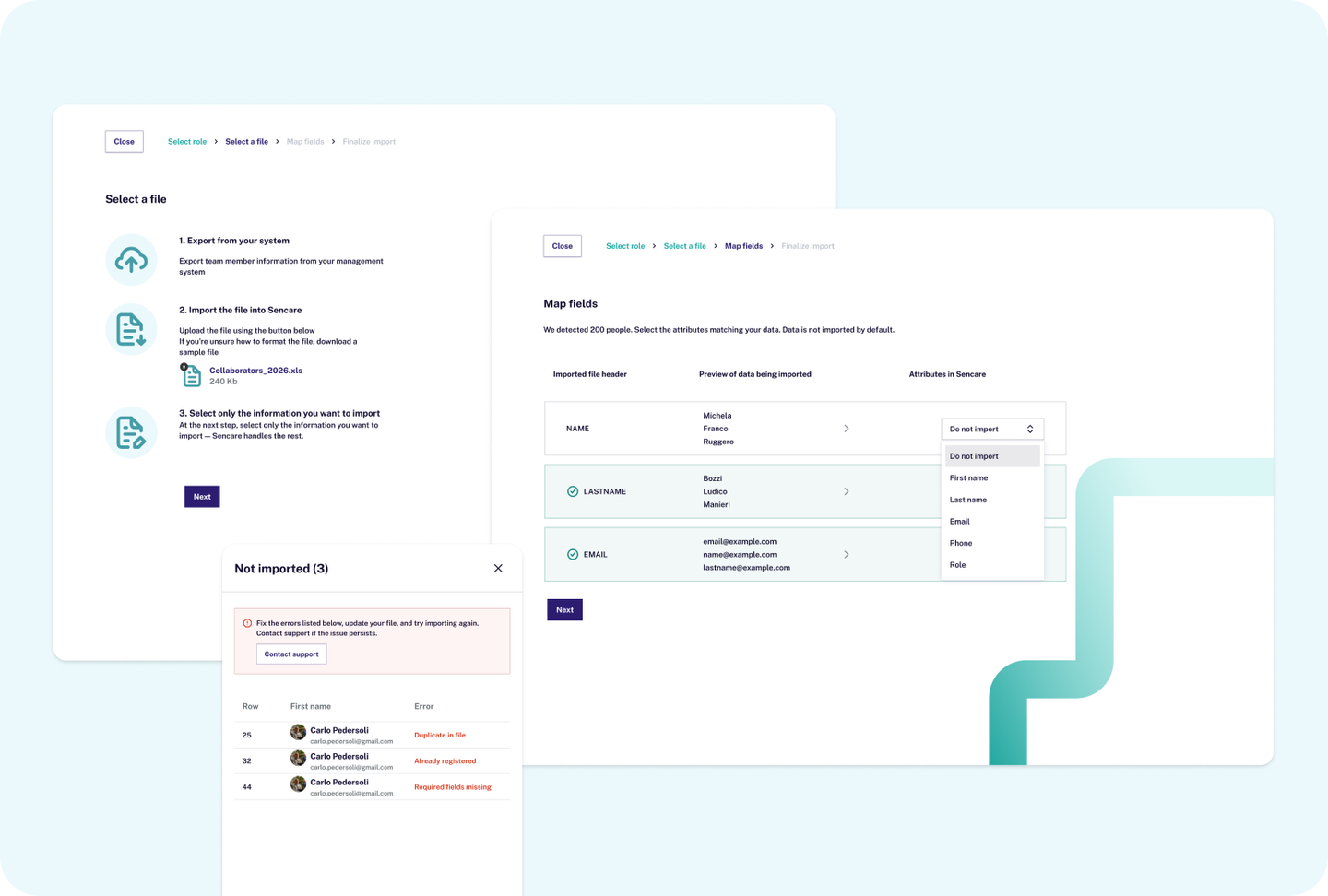 Sencare team import flow with file upload and field mapping