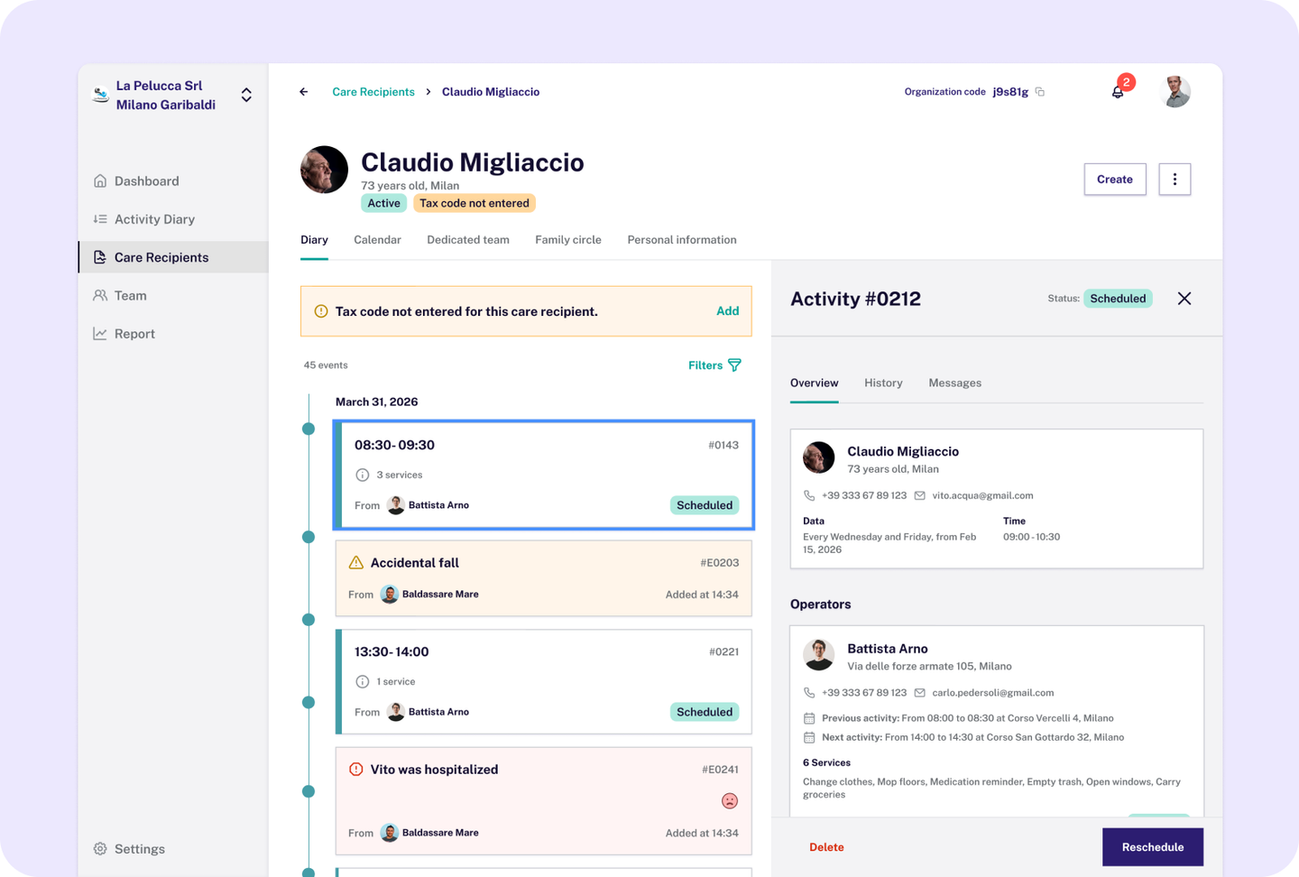 Sencare care recipient profile with diary timeline and activity panel