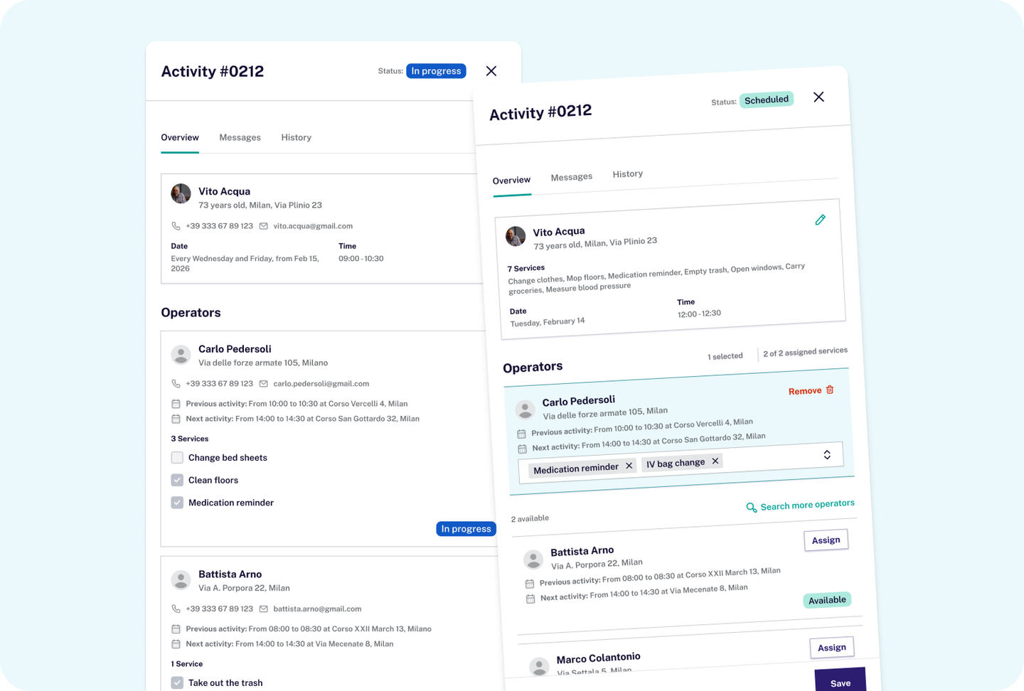 Sencare activity detail with operator and service assignment