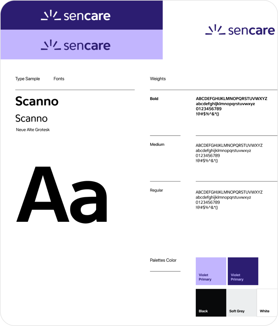 Sencare brand identity with logo, typography and color palette