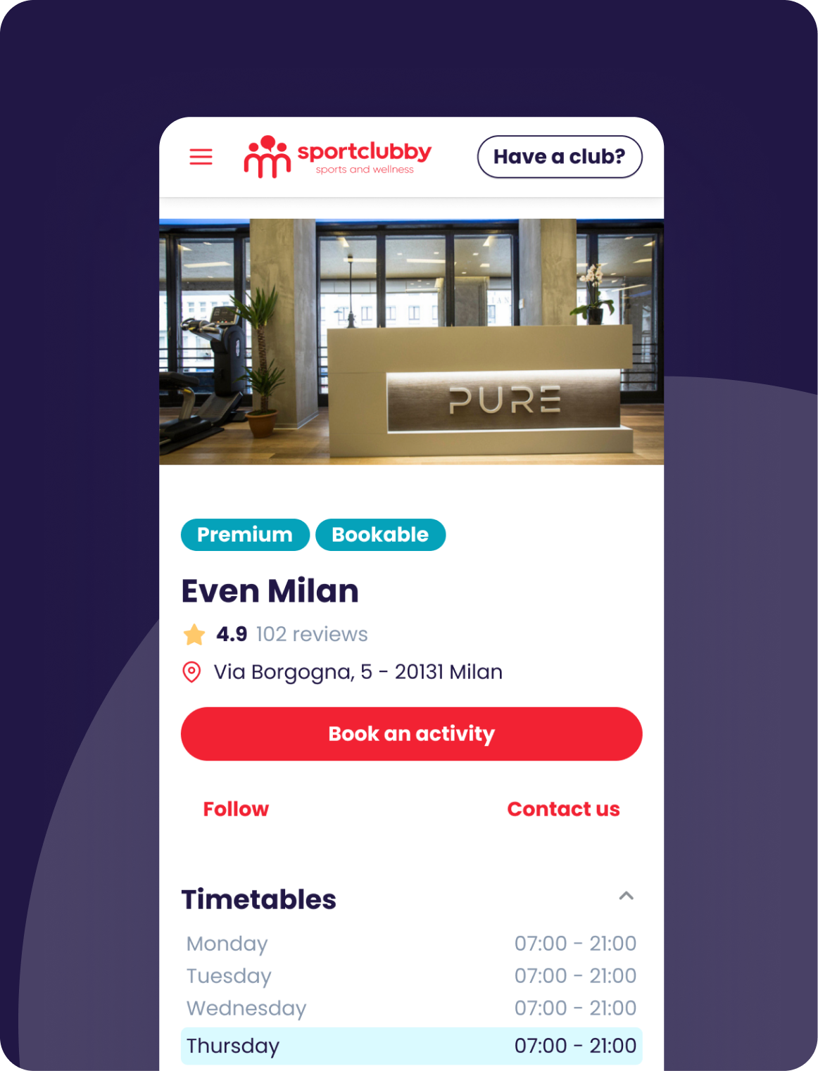 Sportclubby club detail card with promo