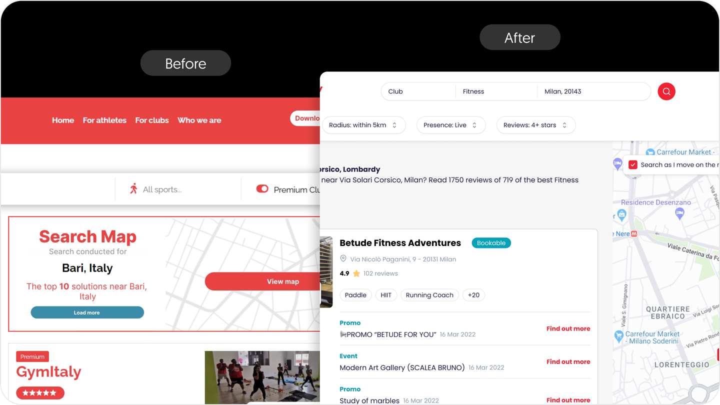 Sportclubby platform before and after the redesign