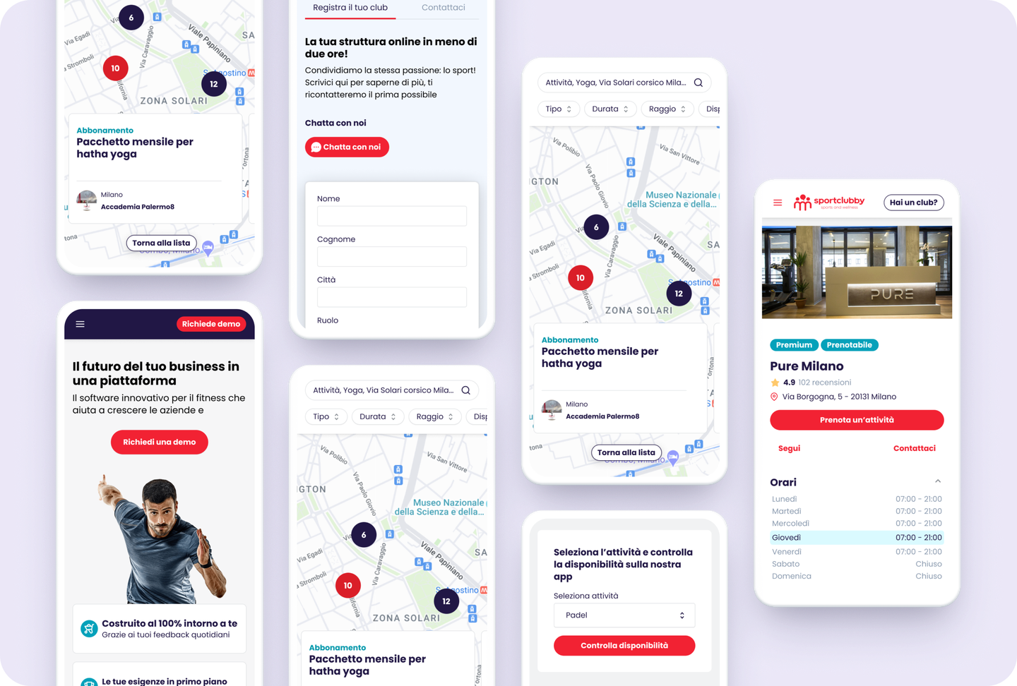 Sportclubby mobile and map views collage