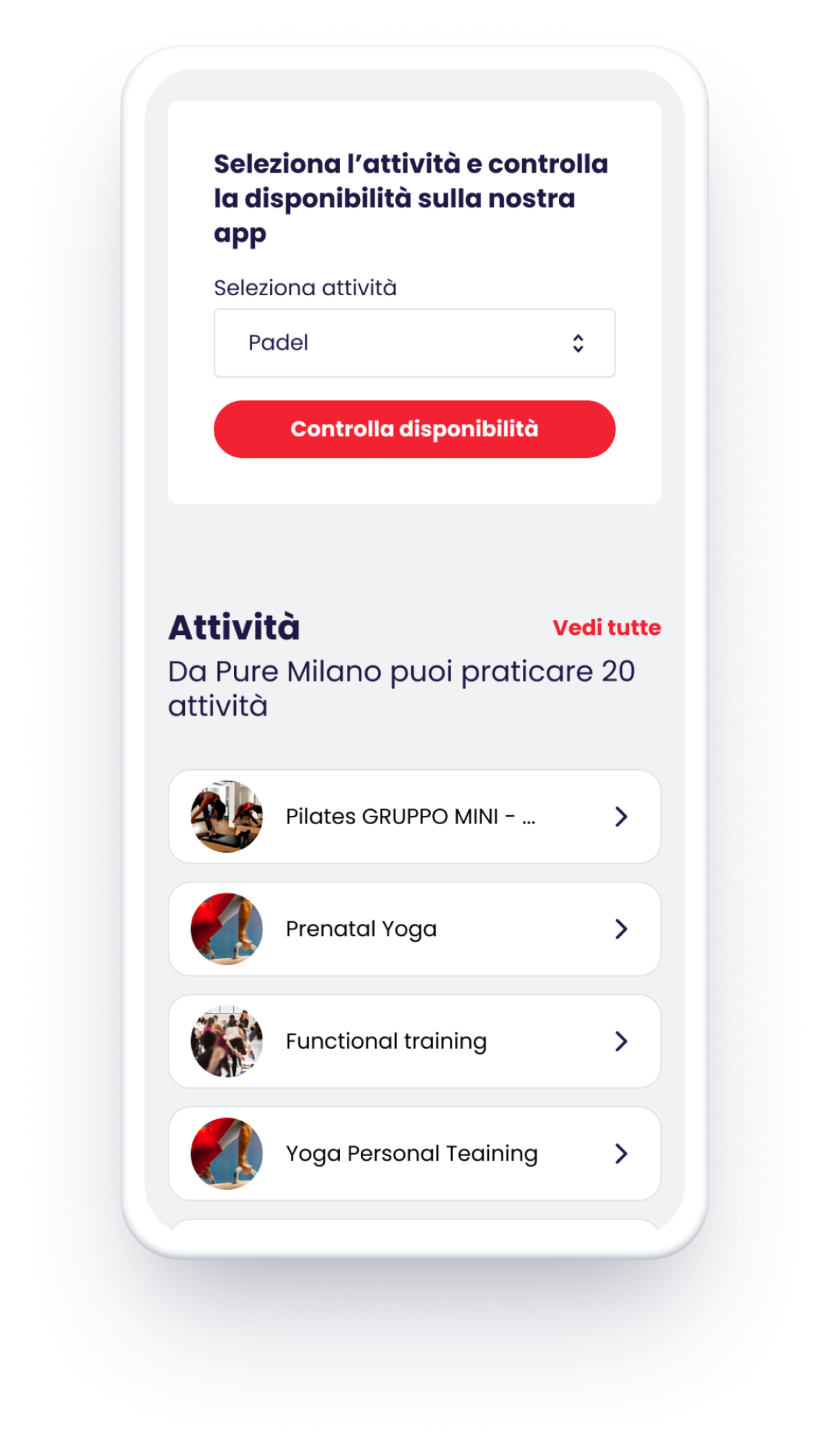 Sportclubby activity selection and availability check