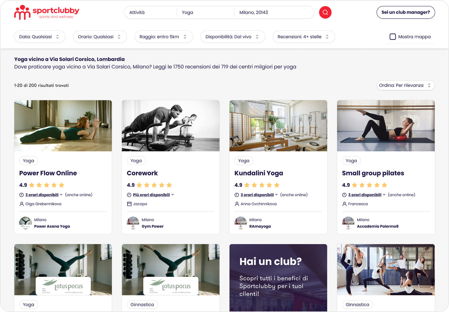 Sportclubby marketplace search results with yoga classes
