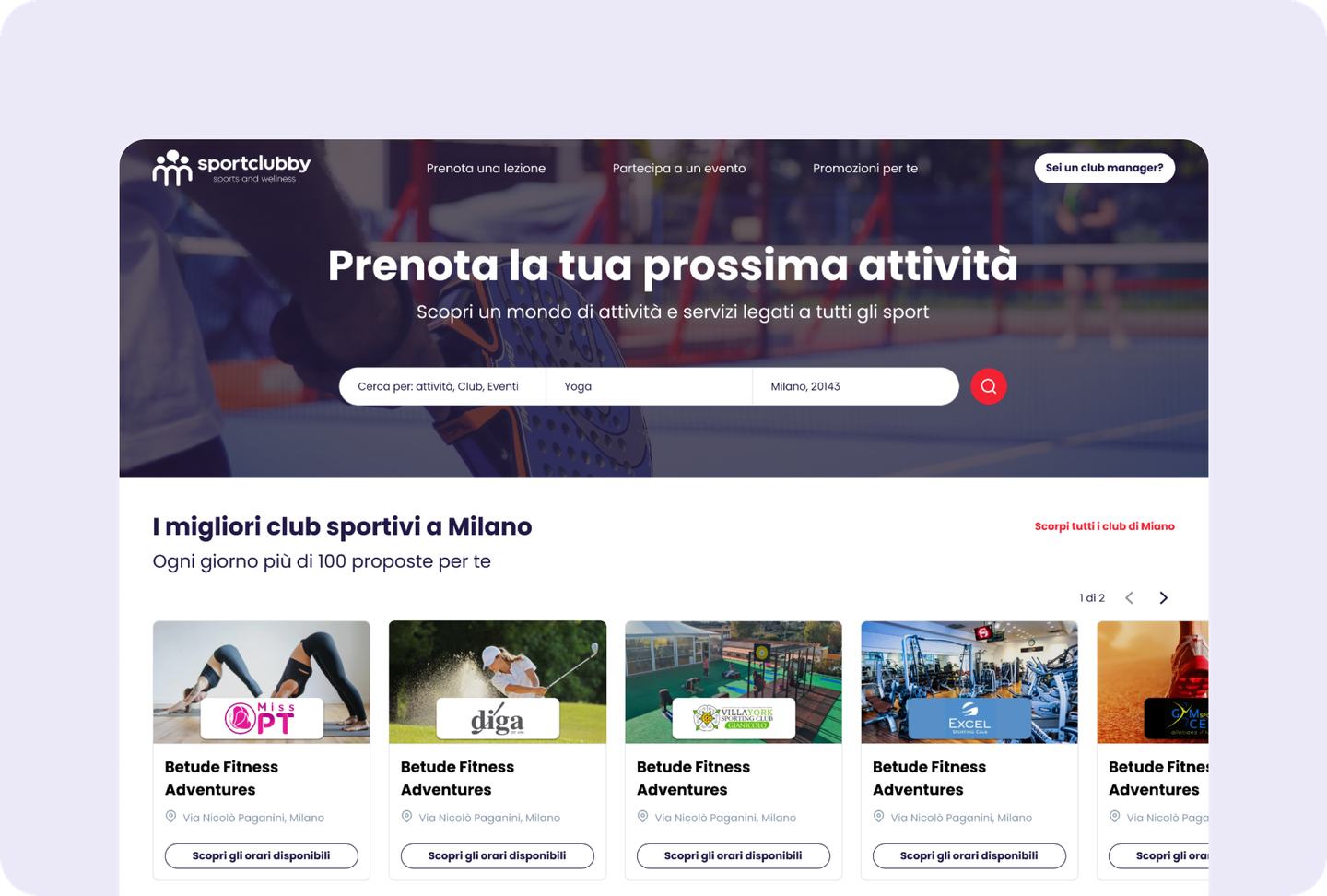 Sportclubby redesigned homepage with club listings